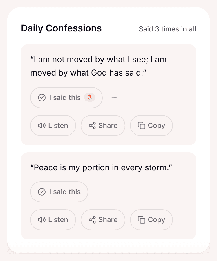 A confession with its tally, Listen, Share and Copy buttons